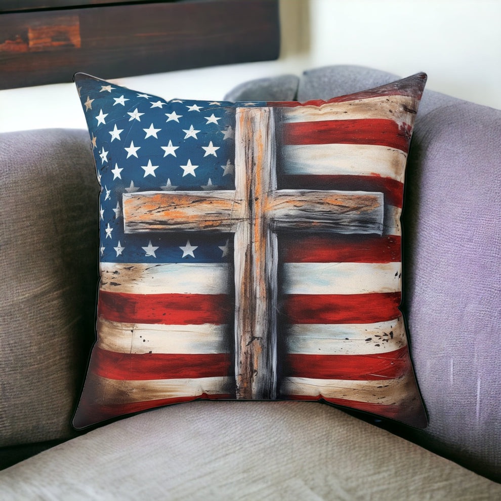 American Flag &amp; Cross Decorative Pillow